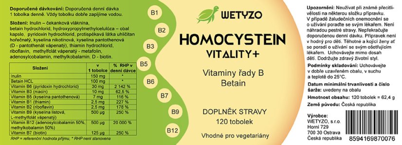 HCY Vitality Homocystein Vitality+ (snižovací) s Betainem - 120 tobolek
